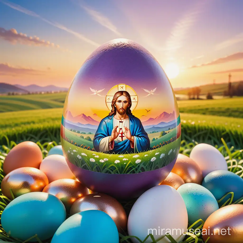 Eastern egg is on spring meadow covered with various colored eggs. There is picture of crossed Jesus on surface of eastern egg. Backround is on golden sunset atmosphere .