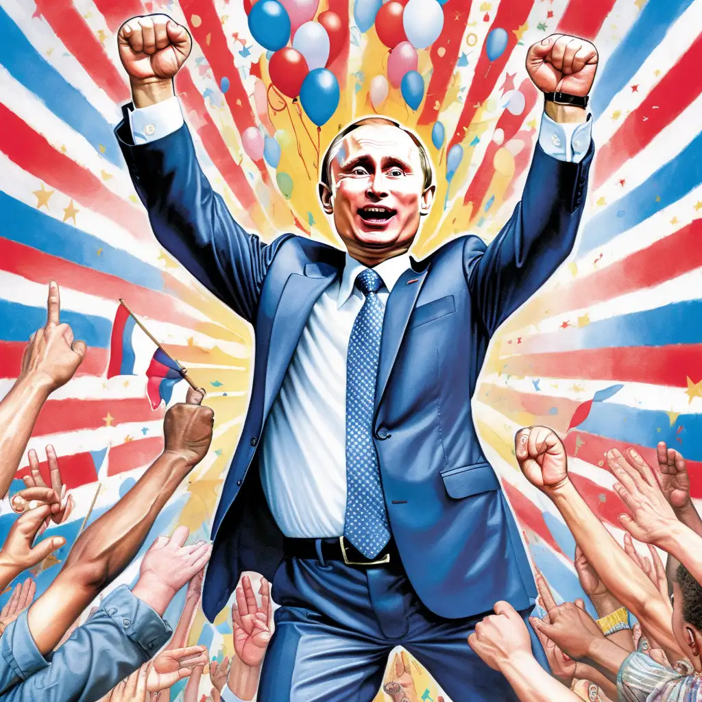 Create an image of Vladimir Putin celebrating. The image must be in the style of Matt Wuerker. 