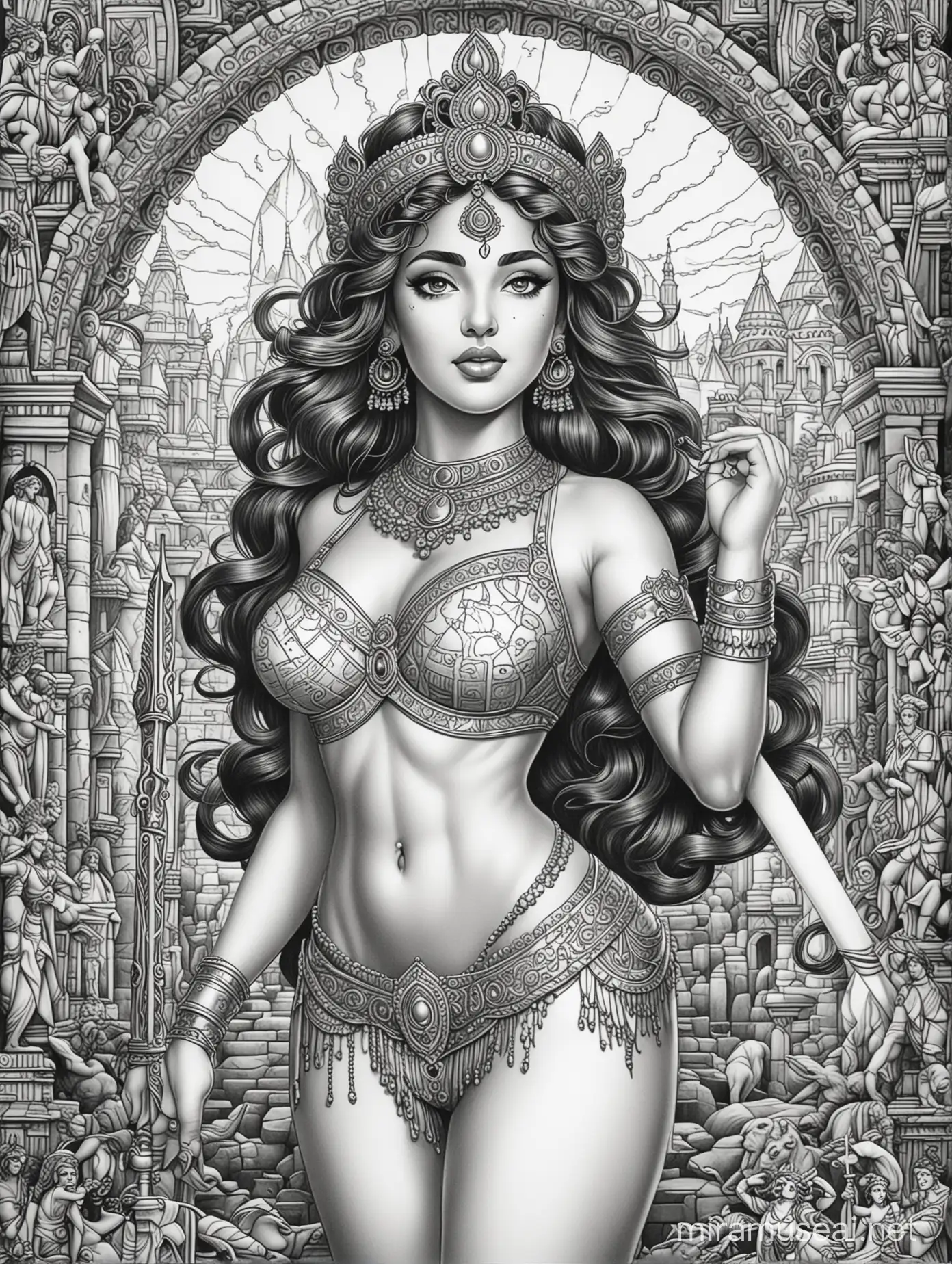 Sexy Goddess durga, Adult Coloring Book page, pinup, castle, black and white, clean line art, strong lines, high details
