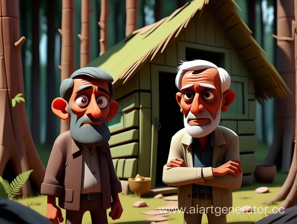 cartoon style, 8k, Asad, met an old man who lived in a small hut in the middle of the forest.