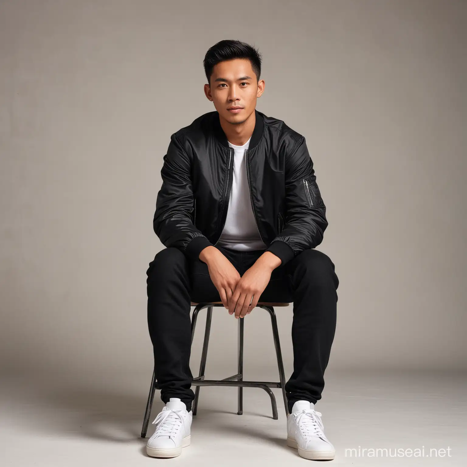 studio photo of a man from Indonesia, wearing a black bomber jacket, black jeans, white shoes, sitting on a chair