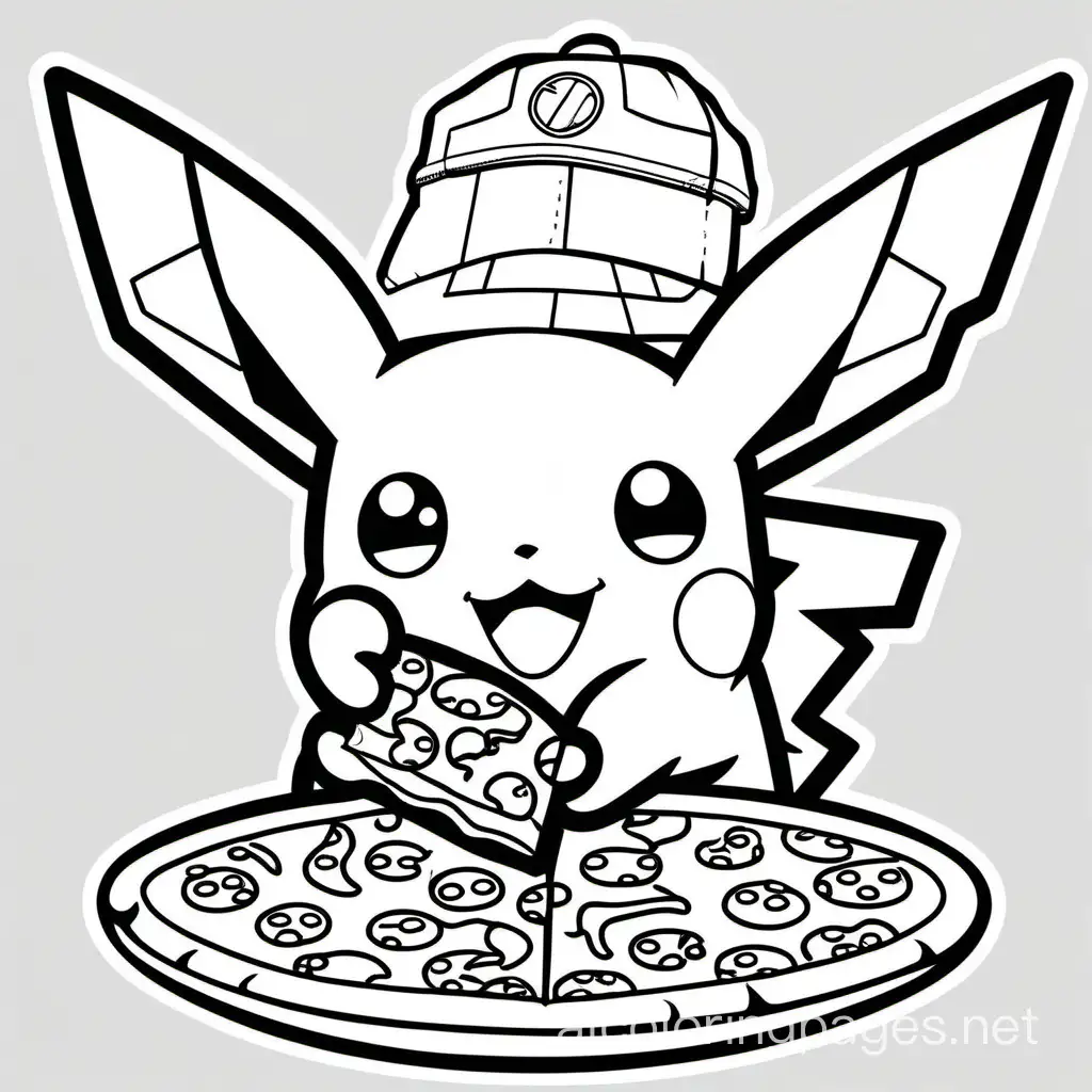 A happy Pikachu eating pizza. , Coloring Page, black and white, line art, white background, Simplicity, Ample White Space. The background of the coloring page is plain white to make it easy for young children to color within the lines. The outlines of all the subjects are easy to distinguish, making it simple for kids to color without too much difficulty