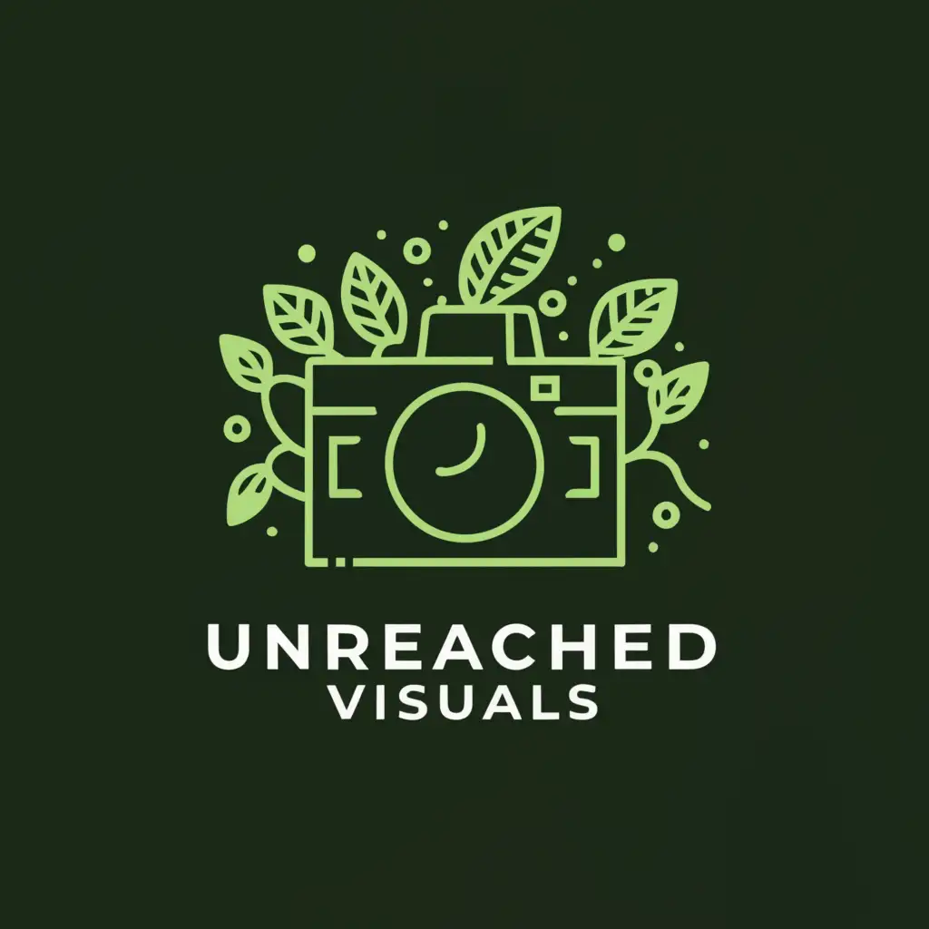 a logo design,with the text "Unreached Visuals", main symbol:a simplified jungle scene - including elements like a leaf, vine, or tree silhouette - inside the outline of a camera or lens. The camera outline should be bold and simple, with the jungle elements detailed and intricate, evoking the rich biodiversity of the Amazon. Use vibrant greens against a dark background to highlight the jungle elements within the camera.,Minimalistic,be used in Travel industry,clear background