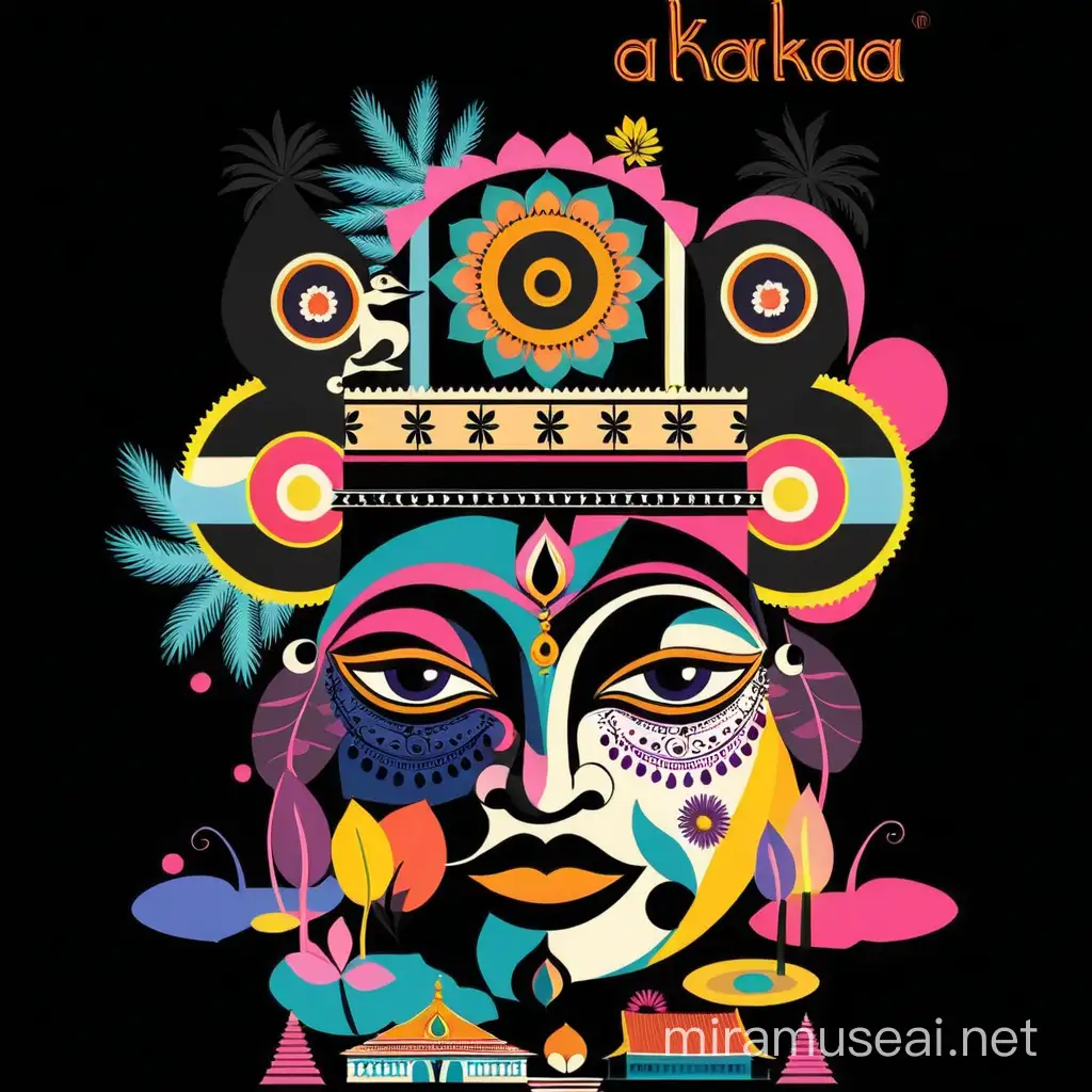 I need this kind of illustraion with a kerala style face like a kathakali or any other artform and I need small elments of nature like animals trees around the illustration . The pattern should be same as in the picture but the elements should be thew ones mentioned above.