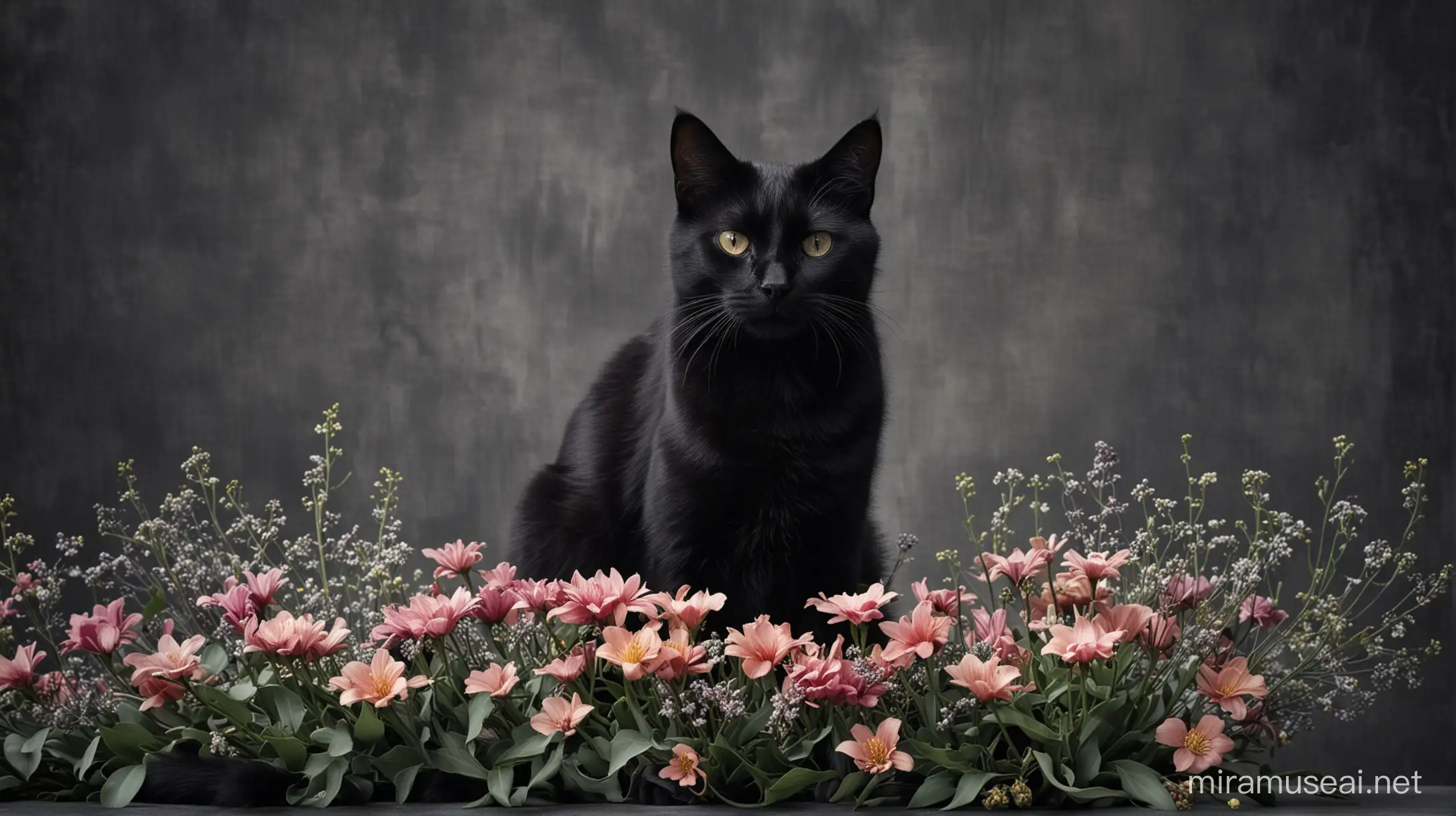 a black cat sitting on a grey bad, flowers, capturing moments, dark colors, ultra-high quality, blurry front
 --version 6 --stylize 200