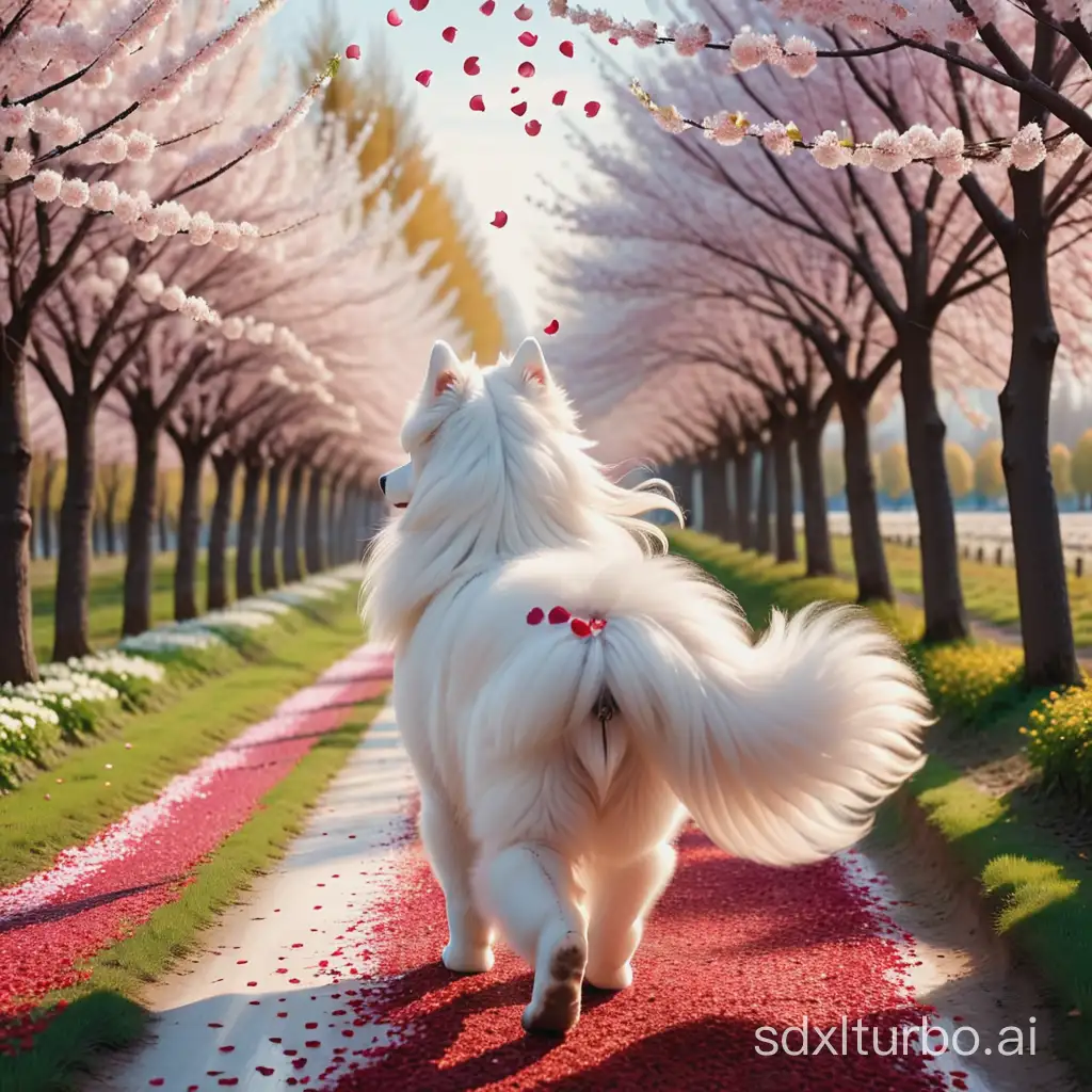 Back view of a long-haired woman, a Samoyed, in the countryside, with blossoming trees and falling petals and fallen leaves,
