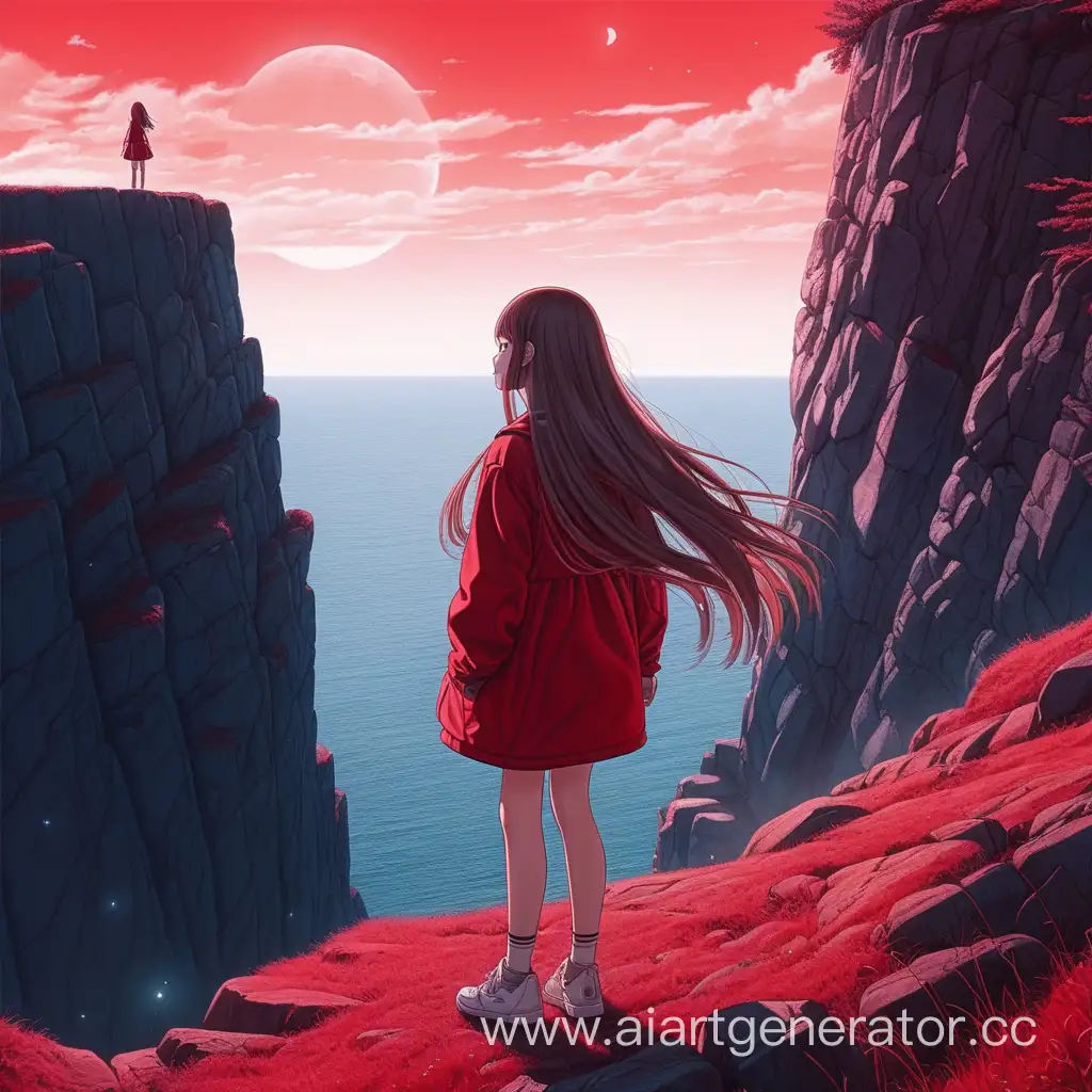 Арт в аниме стиле, девушка с длинными волосами стоит у обрыва и смотрит в космос, арт выполнен в красным цветом с различными оттенками, девушка одета в современную одежду