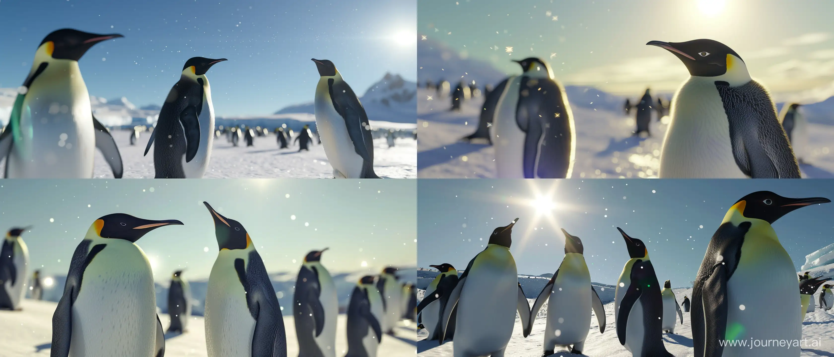 penguins in Antarctica; sunny day; aerial image; using all the graphic, lighting, design and scenery techniques of the most hyper-realistic and current animations of the last generation; Ray tracing at an absurd and exaggerated level; 32k; absurd details; advanced mirroring techniques; better CGI; advanced blurring techniques in some specific points; advanced lighting techniques; cinematic style; some blurred light spots in different sizes; small points of light throughout the image; all parts of the image must be in as much absurd detail as possible with 32k detailed quality; --ar 21:9 --v 6.0