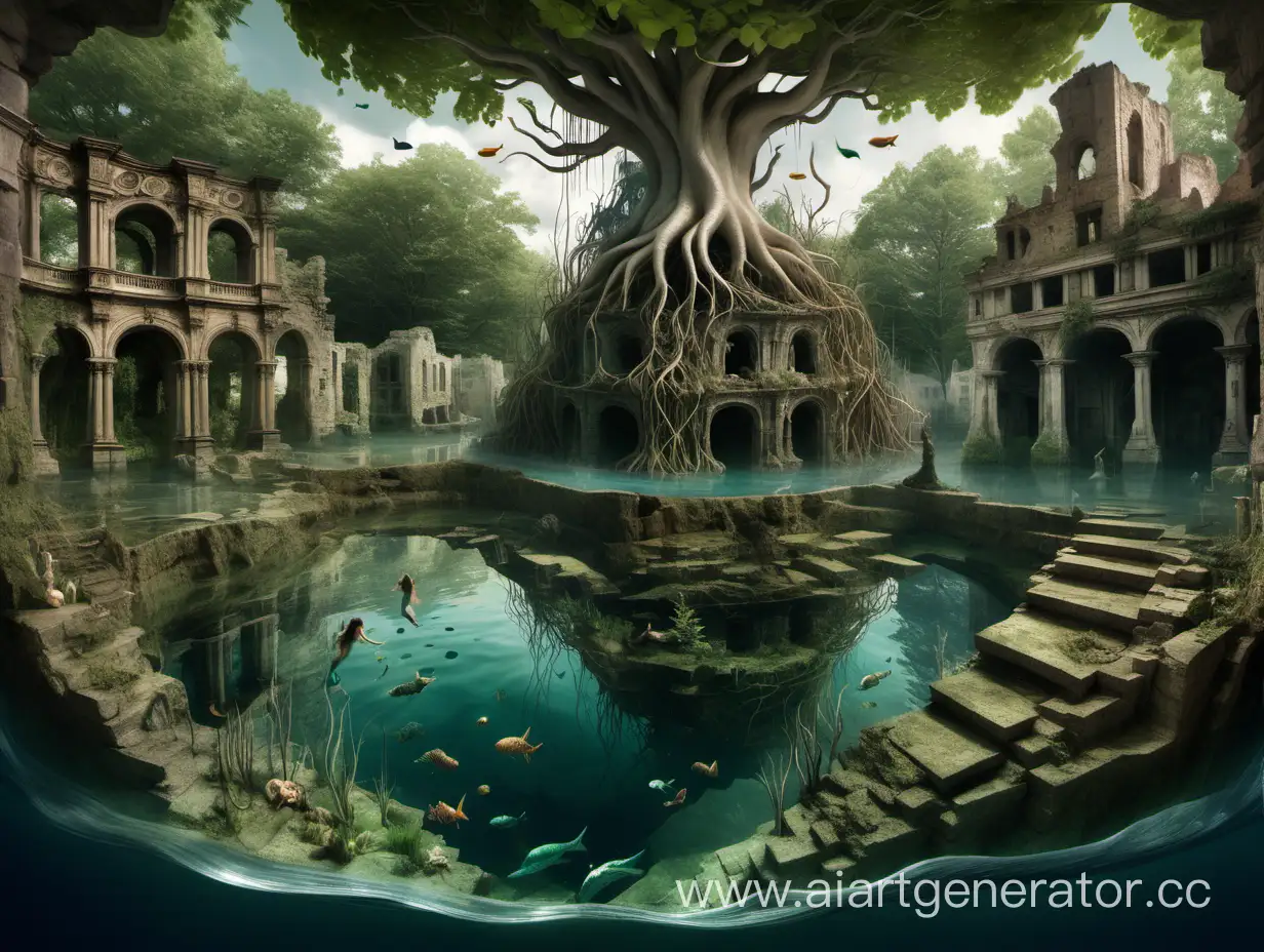 Mermaids-Swimming-Amongst-Ruins-in-a-Pond-with-Tree-Roots