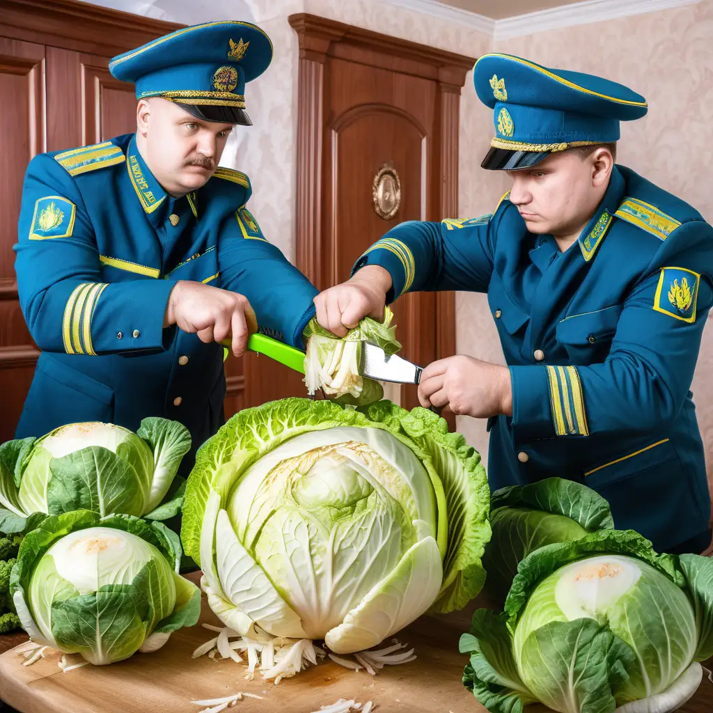 colored image: Ukrainian customs officers chop cabbage