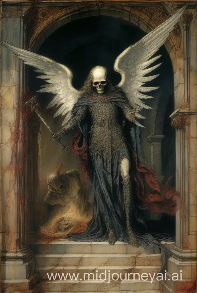 an image of an medievil angel of death condemning a non believer to hell in a castle, in the art style of gustave moreau, dark fantasy inspired, the painting is highly detailed with intricate designs in the background, highly detailed faces, violent imagery, and is faded and done with water colours, the images are dreamlike and etheral 