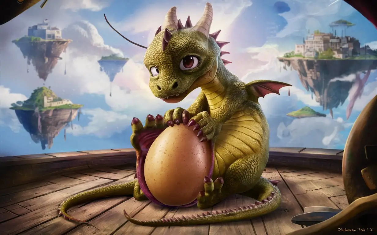 young magical dragon nesting and laying enchanted dragon eggs one dragon egg halfway out of her butt she looks nervous and embarrassed as she strains to push it out in a floating sky island town, butt sideways head facing camera with egg halfway out, all islands at different elevations, hd, fantasy lighting, day, nervous/embarrassed, suspenseful, realistic.