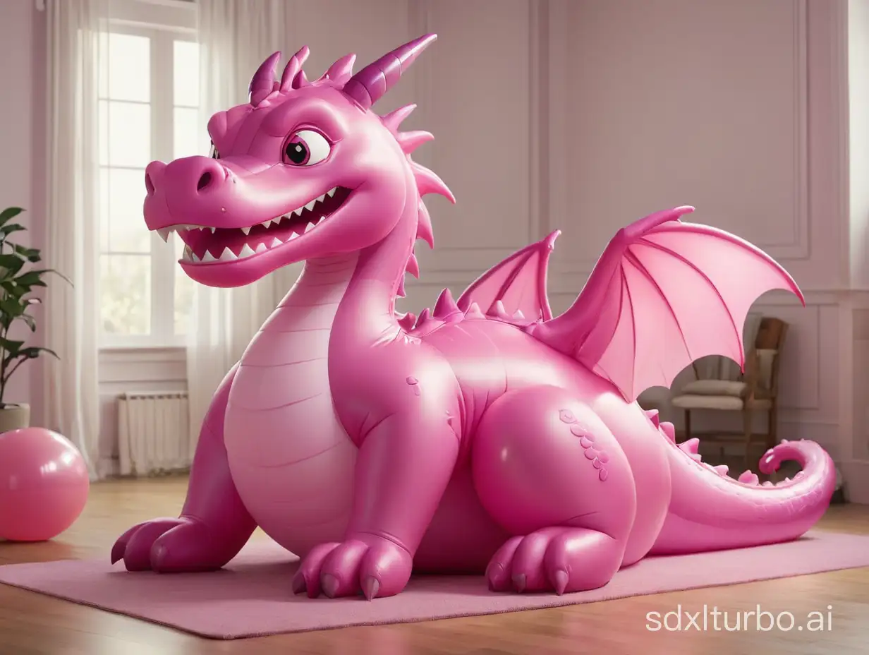 A full body photo of a very realistic friendly cute glossy magenta Inflatable Dragon. Taken indoors in a well-lit bedroom. The Inflatable Dragon is depicted sitting on a squishy pale pink yoga ball with its hands rubbing its cheeks.