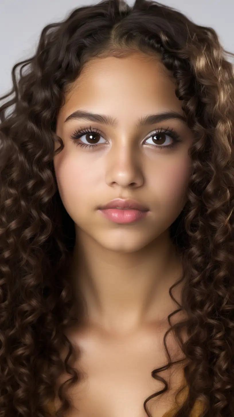 latina teenage girl, thick lashes,   full lips, symmetrical facethin almond shaped eyes, long curly hair, use a high-resolution camera with a 16:9 aspect ratio, a raw style, and a quality setting of 2. -ar 16:9 -v 5.1 -style raw
