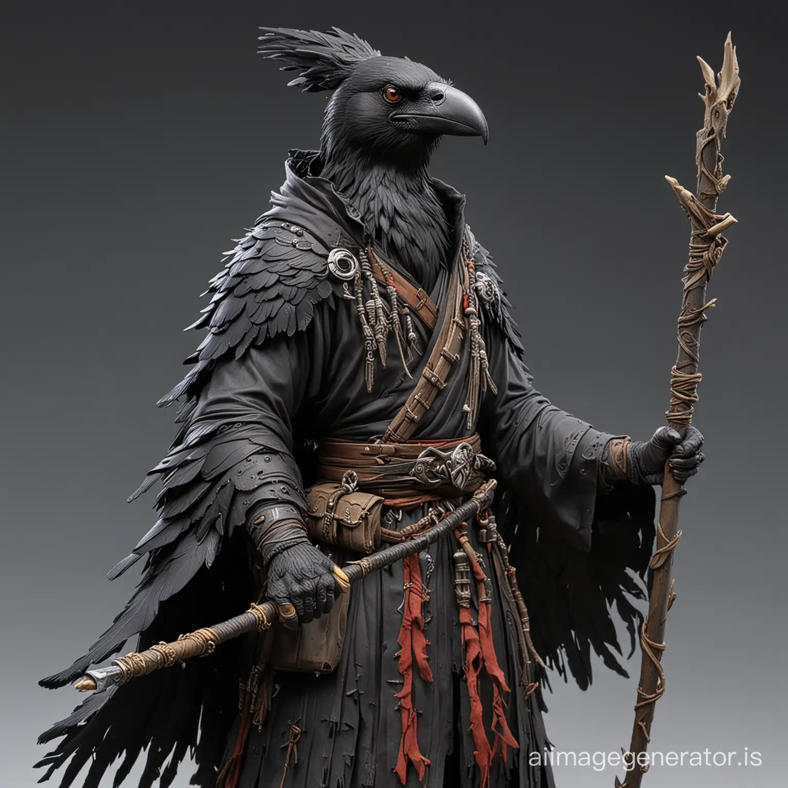 A pathfinder crow tengu wizard with black beak with black tattered robes and no hat and a gnarly staff