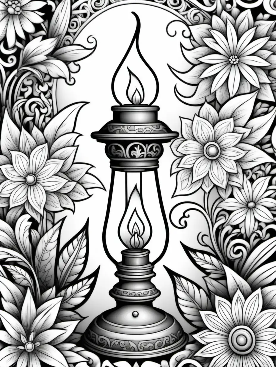 black and white, oil lamp, black and white, coloring book page, children's coloring book, doodle floral art background, black and white, no shading, thick black lines, clean edges, full page, color by number
