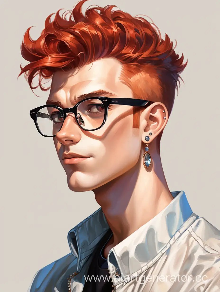 young guy in stylish glasses, with red hair and earrings