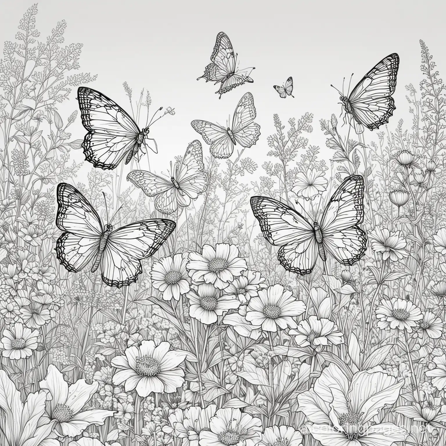 butterflies in a wild flower garden, Coloring Page, black and white, line art, white background, Simplicity, Ample White Space. The background of the coloring page is plain white to make it easy for young children to color within the lines. The outlines of all the subjects are easy to distinguish, making it simple for kids to color without too much difficulty