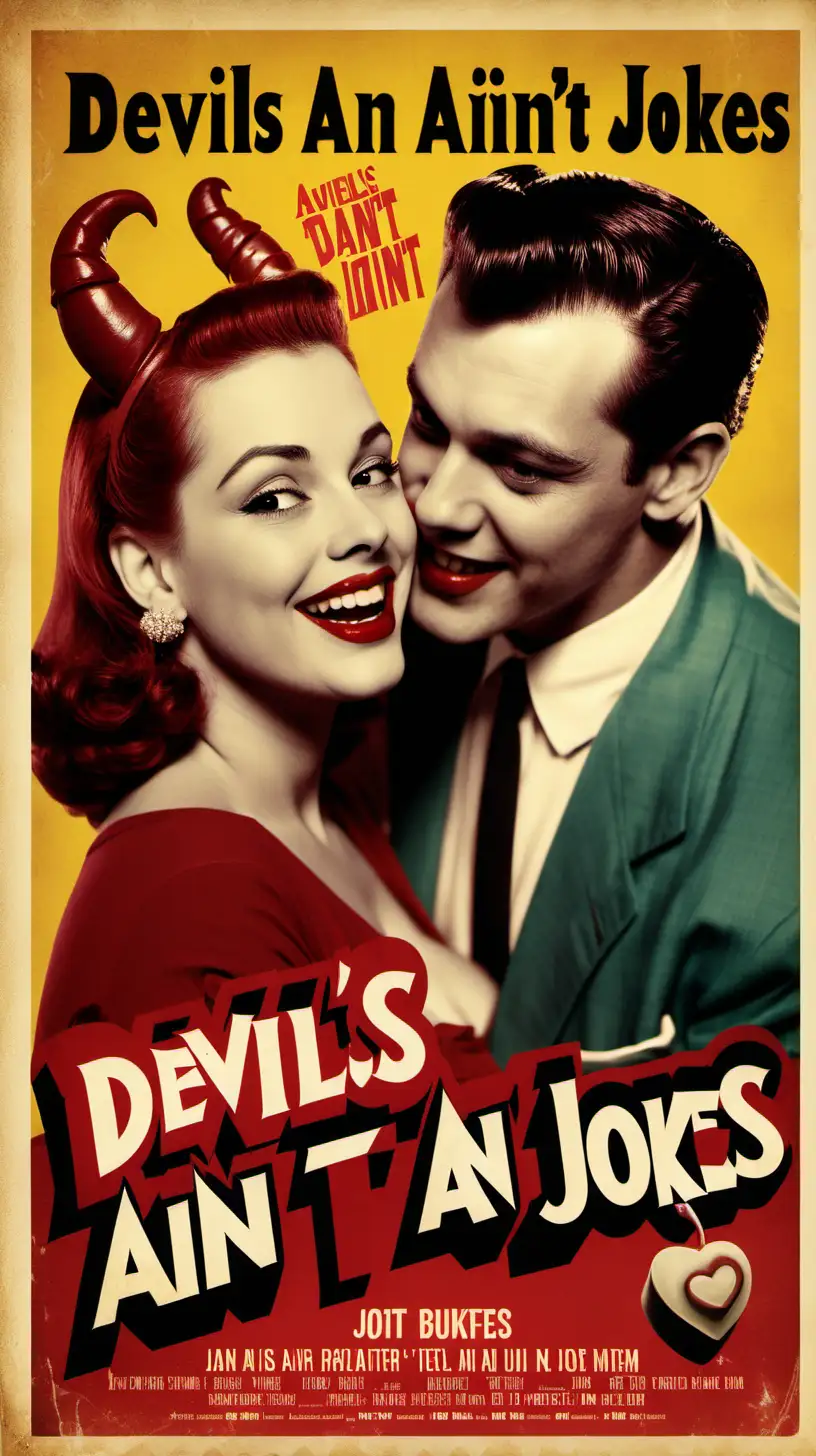Create a romantic 1950s-style movie poster for Devils Ain't Jokes