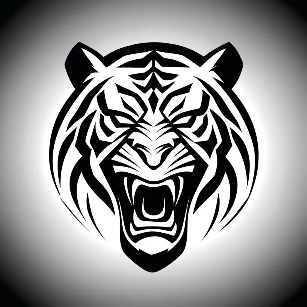 Logo of a tiger roaring, black and white, stencil, minimalist, simplicity, vector art, negative space, isolated on black background