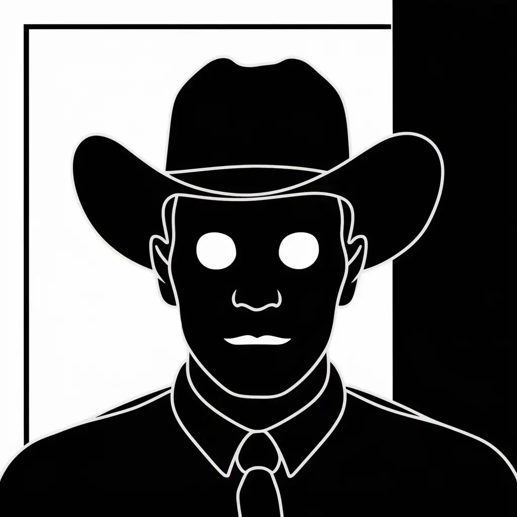человек в ковбойской шляпе черной, с черным лицом и белыми глазами в форме кругов, ФОРБС, 2д рисовка, минимализм