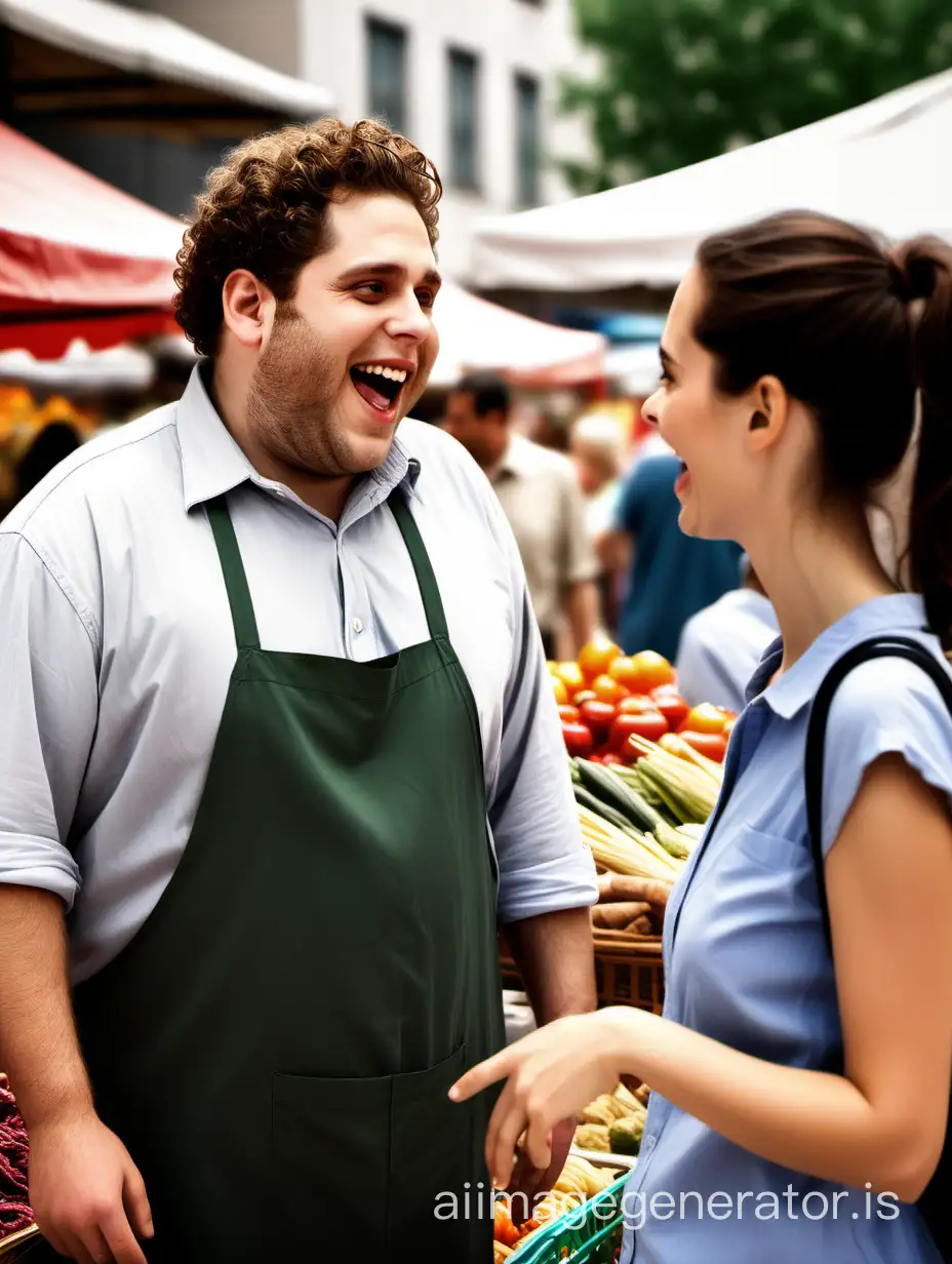 The man cheerfully communicates with the saleswoman at the market; he is an extrovert in the style of Jonah Hill.