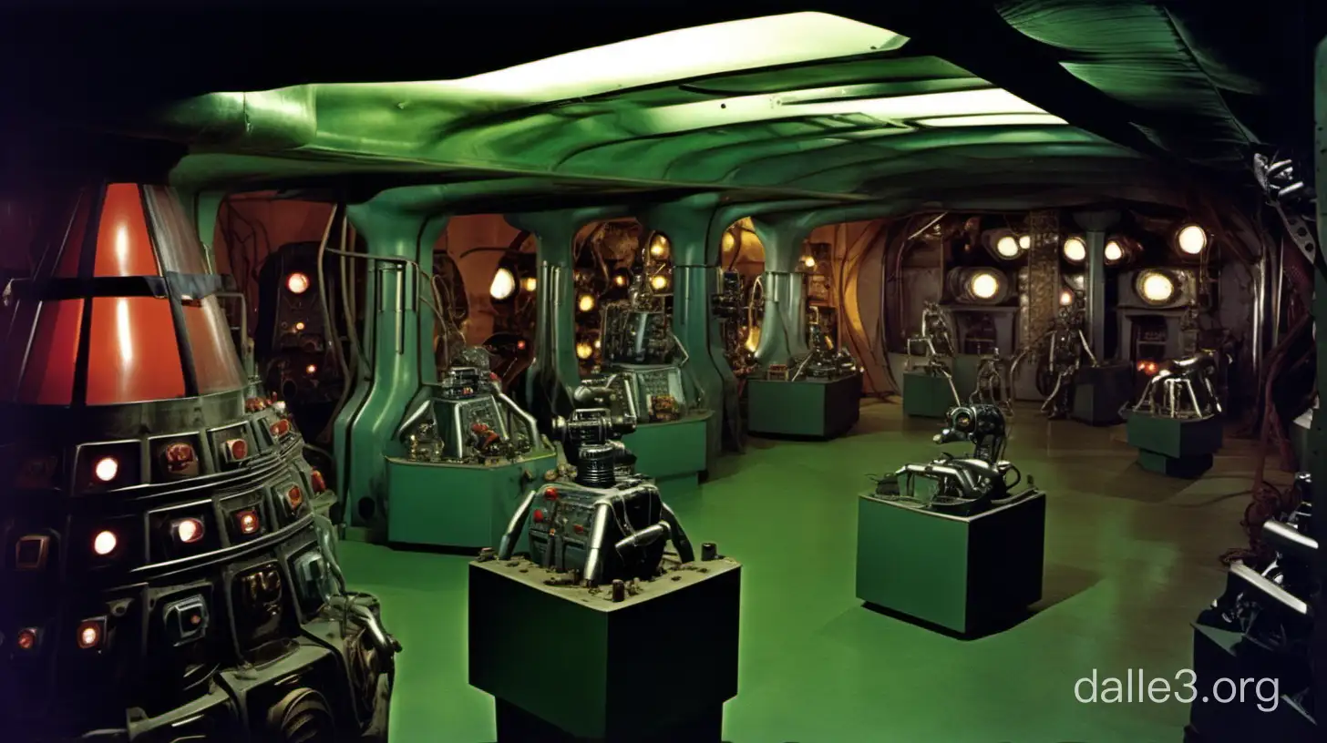 ((Full color photo)) of a 1940s spy movie villain's secret underground lair interior, exotic location, 1940s futuristic robots