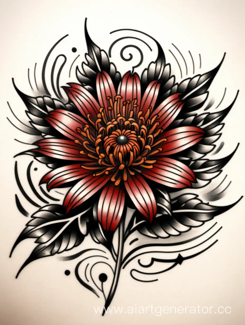 Aster flower, tattoo sketch, black-red, traditional tattoo, traditional, non-traditional