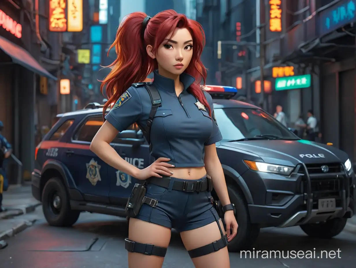 A Asian women with Red hair In high ponytail and a big tits and big Hips, with Futuristic Style, pale skin and wearing a tight dark blue shorts police uniform by a Cyberpunk metropolis Black Black police Car with flashlight on a neon lit street