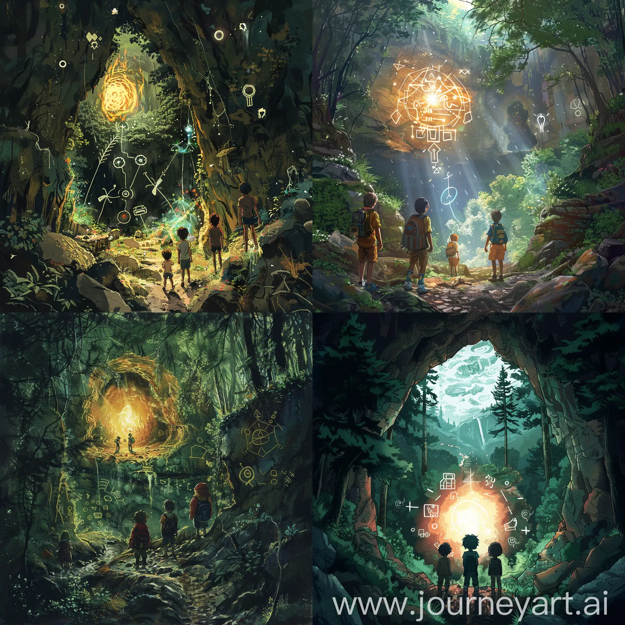The friends venture into the forest and stumble upon strange symbols and signs pointing to something mysterious. In the midst of a wooded ravine, they discover a cave filled with a glowing light.