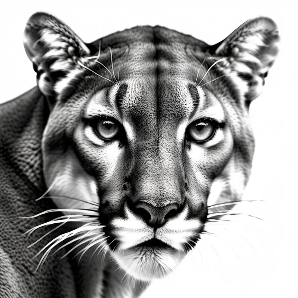 mountain lion, face forward, black and white, grayscale, white background