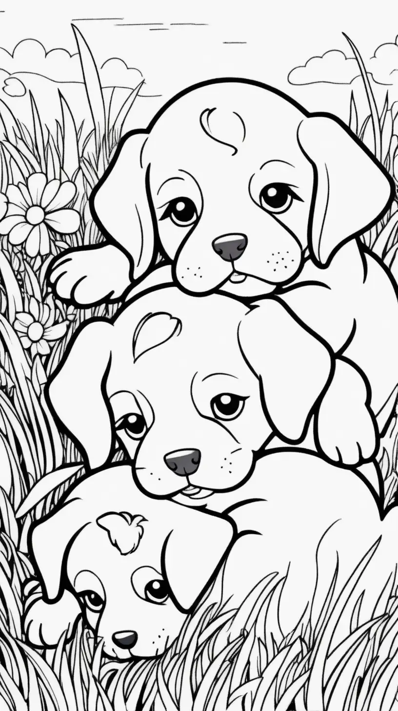 coloring page for kids, puppies cuddling in the grass, cartoon style, no shading, low detail--ar 9:11