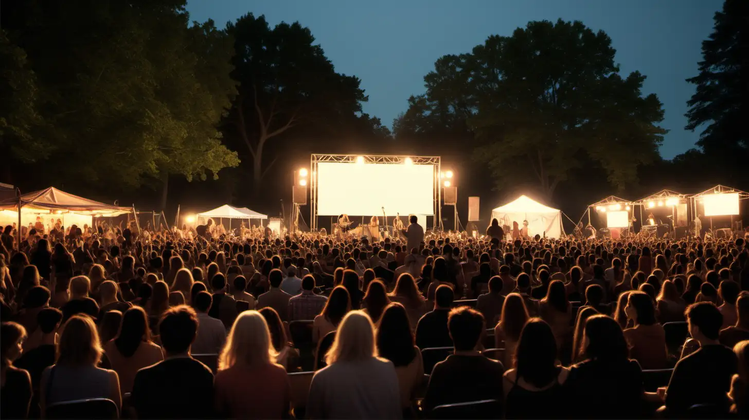 Twilight Festival Scene with Singer Performing and Intimate Crowd Watching