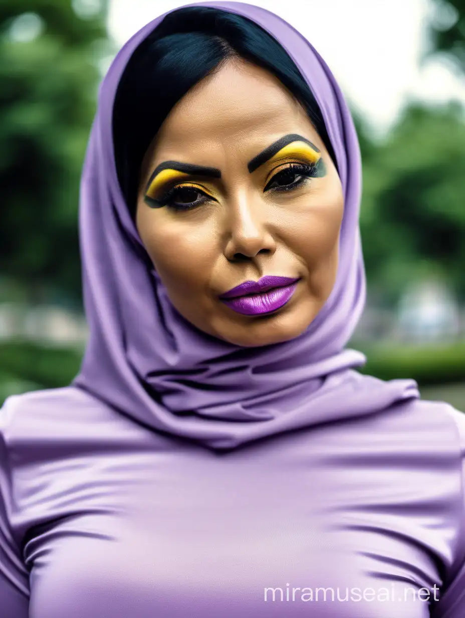 wanita hijab indonesia rambut hitam, berwajah seperti pamela anderson.
Umur 37 tahun. berbibir tebal, lebar dan sexy. riasan make up tebal.

Memakai kaus satin ketat violet pastel dan legging kuning pastel.
Mata tertutup, bibir judes dan sinis.
berdiri pantat menungging di taman kota.