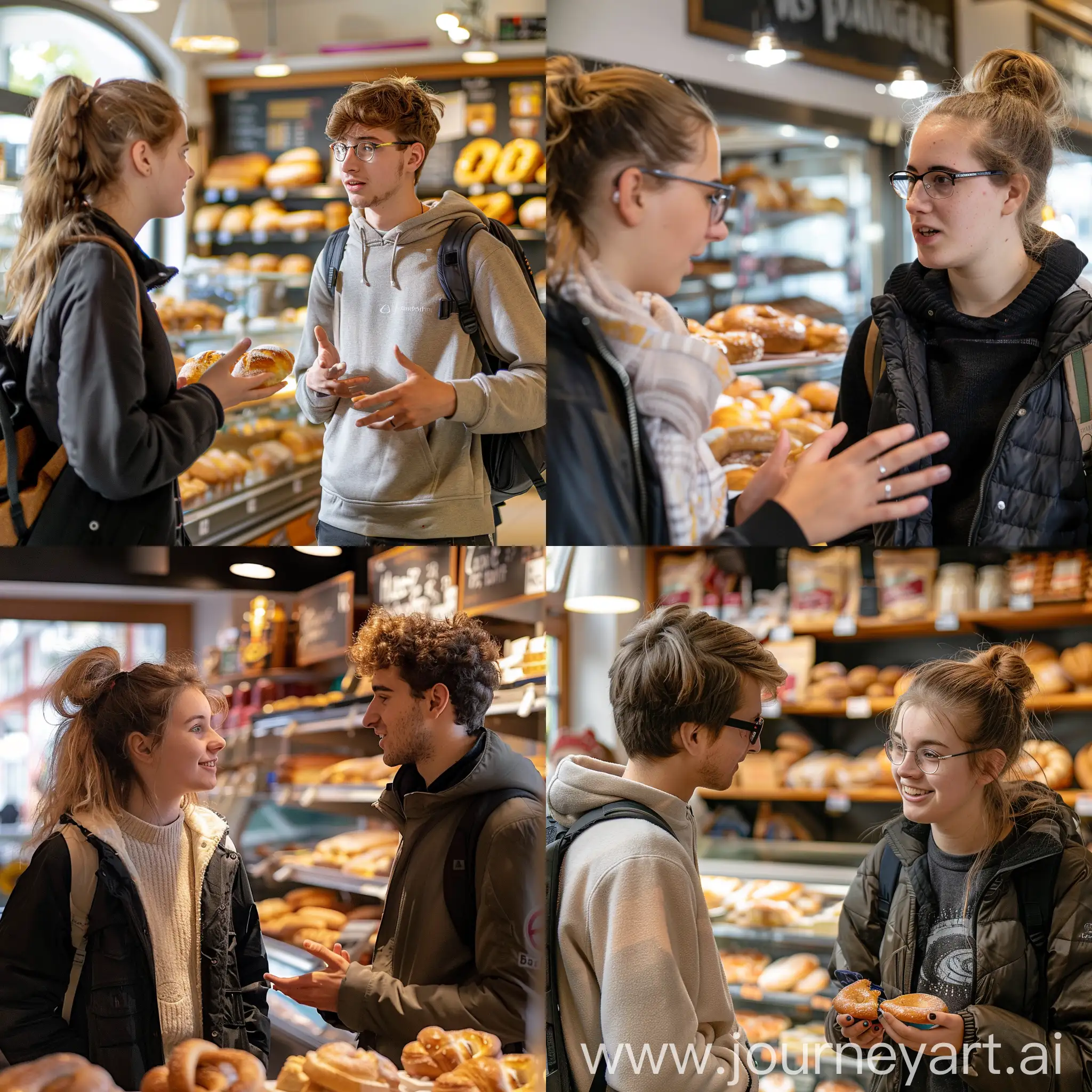 two germanian students speaking in a bakery