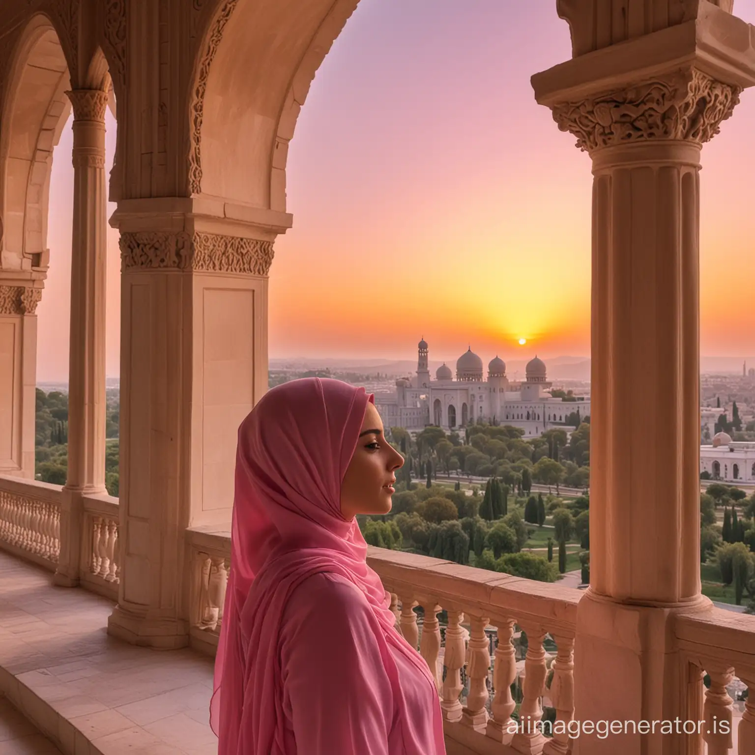 Lady with pink hijab in a palace watching sunset