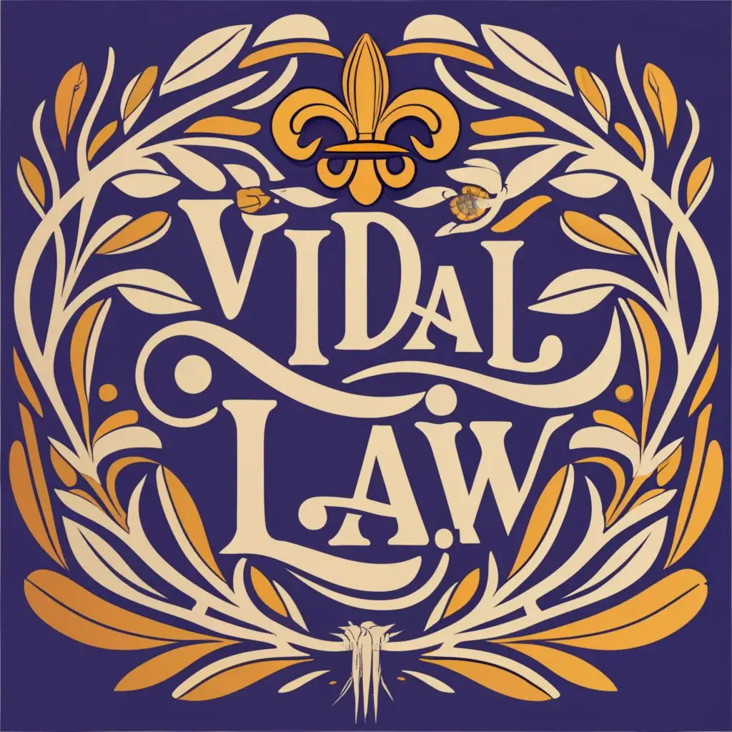 logo, fleur de lis that morphs into the scales of justice, royalty, with the text "Vidal Law", typography, modern font, elegant
