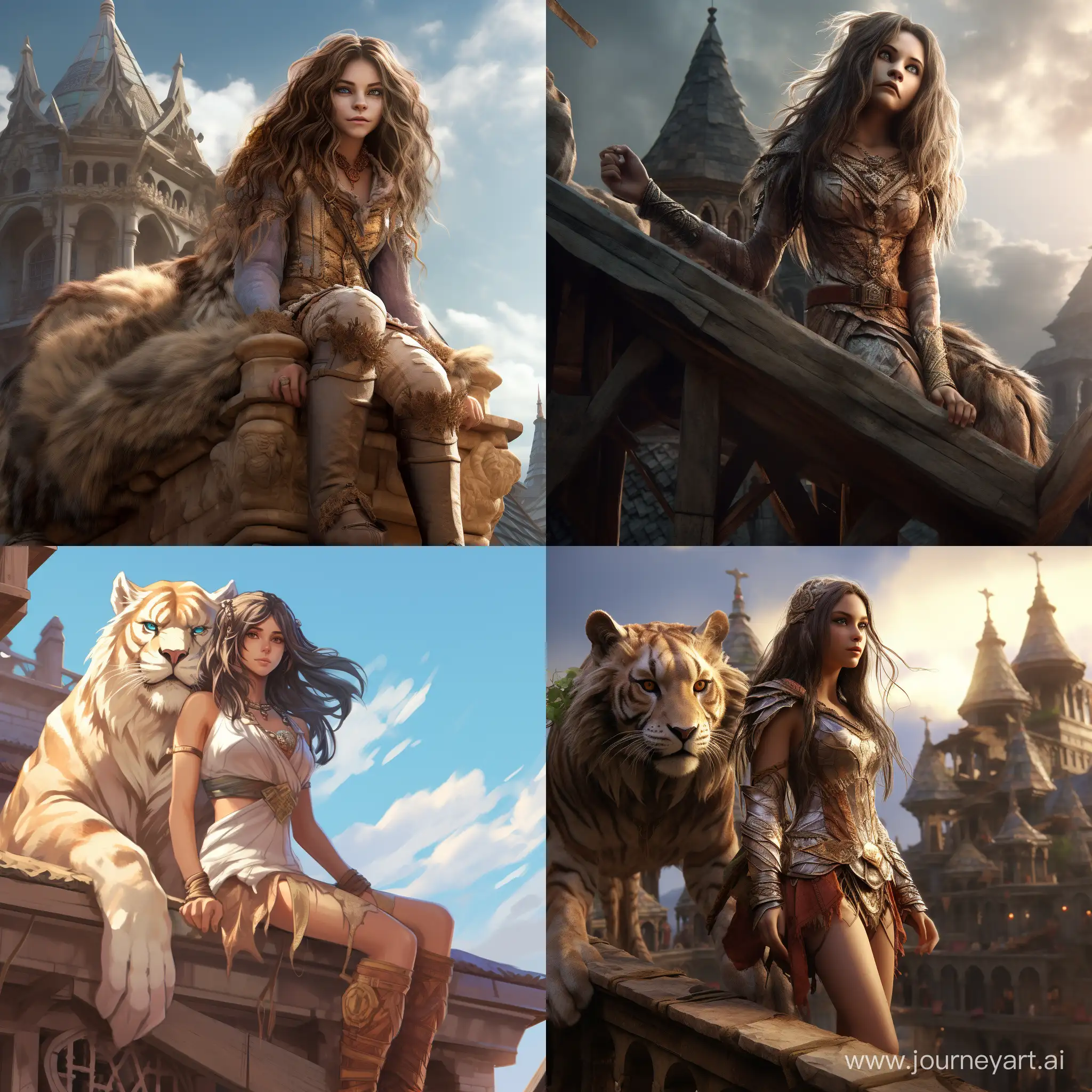 A half-tiger, half-furry girl stands on the roof of a house in a medieval city.
