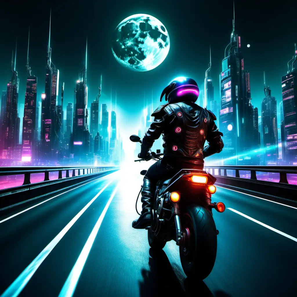 A vibrant cyberpunk city aesthetic:: a person riding a cyberpunk motorcycle leaving a trail of light behind as it travels on a highway heading into the the heart of city:: add a few small moons in the night sky:: the biker should be viewed from behind and to the right so you can partially see the side of their helmet