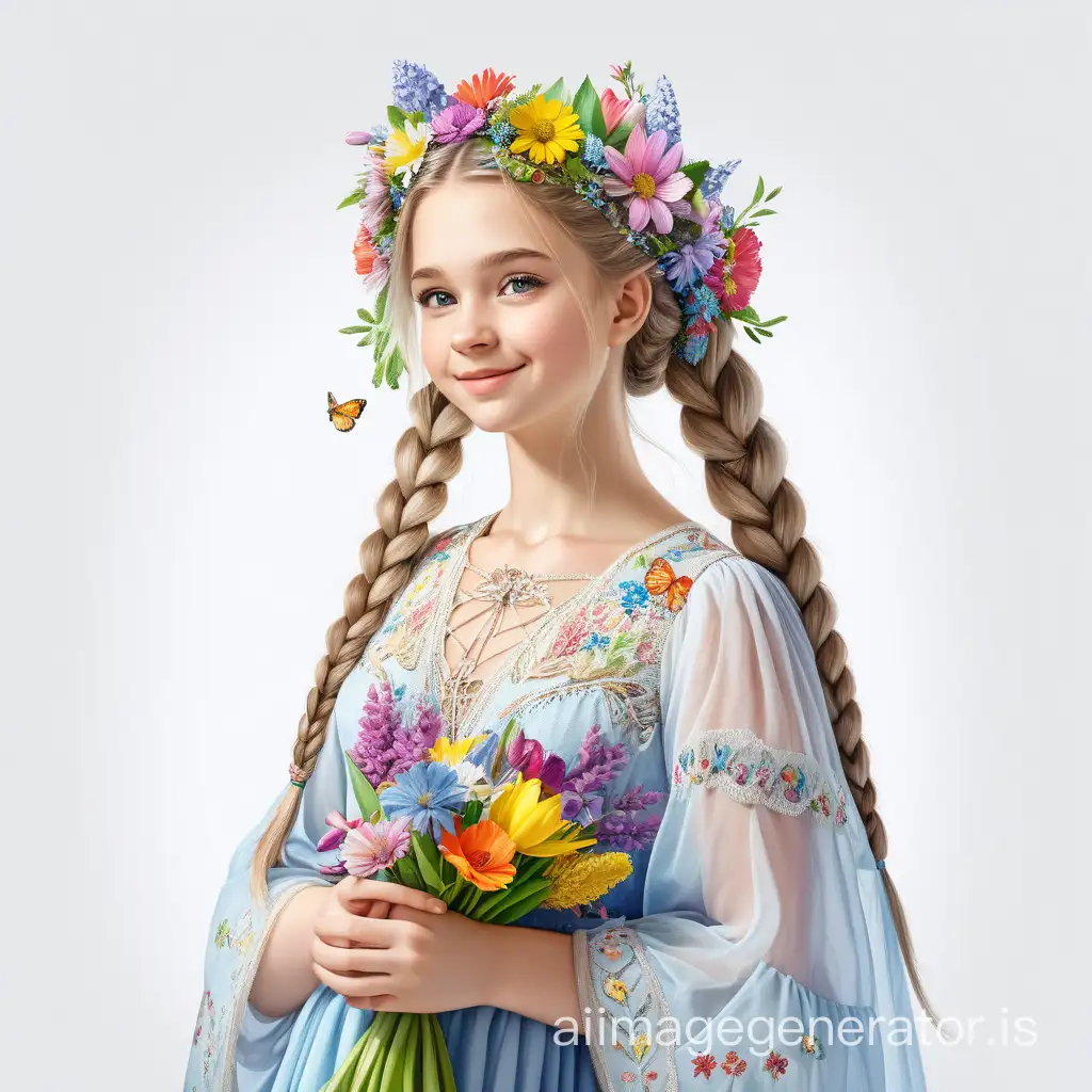 cheerful, beautiful girl-spring, Slavic appearance, lush braids, flowers, in a magnificent dress made of natural spring flowers, high detail, 8K, stands in full height the whole body completely, on a white background