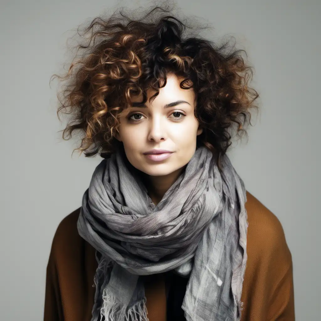 short woman with messy curly hair, wearing a scarf