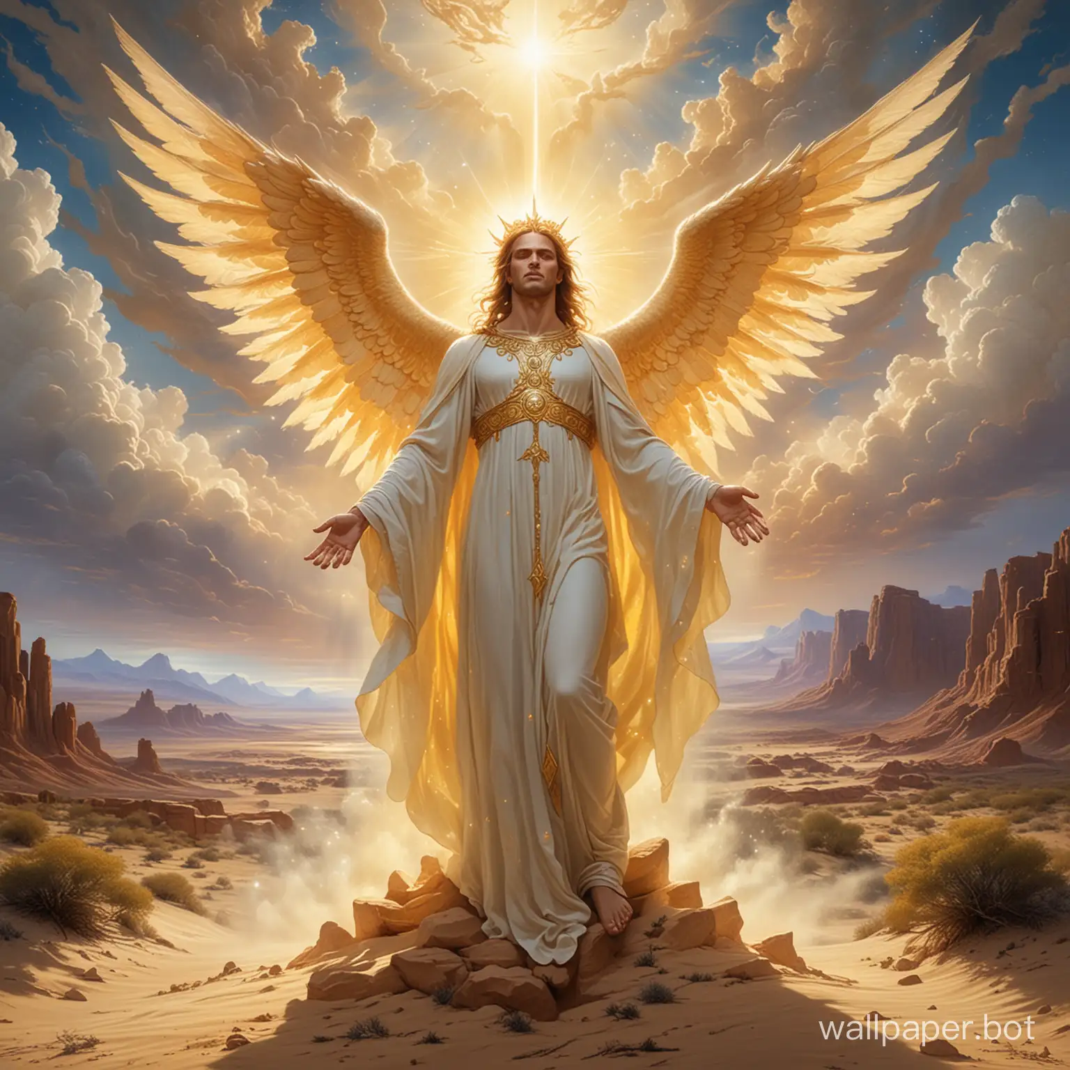 In the vast expanse of the desert's endless sand dunes, a misty golden aura rises from the earth, hinting at a celestial message. Emerging from the heart of this luminous nebula is the majestic Archangel Gabriel. Clad in a resplendent robe of white and gold, shimmering under the divine light filtering through the clouds, Gabriel's presence commands attention.
His mighty wings exude a radiant purity and power, casting a dazzling sheen. Gabriel's countenance, sculpted with divine grace, reflects wisdom, tenderness, and unwavering strength. In his hands, he cradles a message of peace and justice, a beacon of hope in the desolate landscape.
On the opposing end of the desert, lurking in the shadows of a forsaken ruin, a grotesque demon bides its time. With fiery eyes and menacing claws, the demon exudes terror. At the sight of Gabriel, fear grips the demon, its body convulsing as it frantically seeks an escape from the impending confrontation.
As if in response to Gabriel's celestial presence, the sun bursts throu