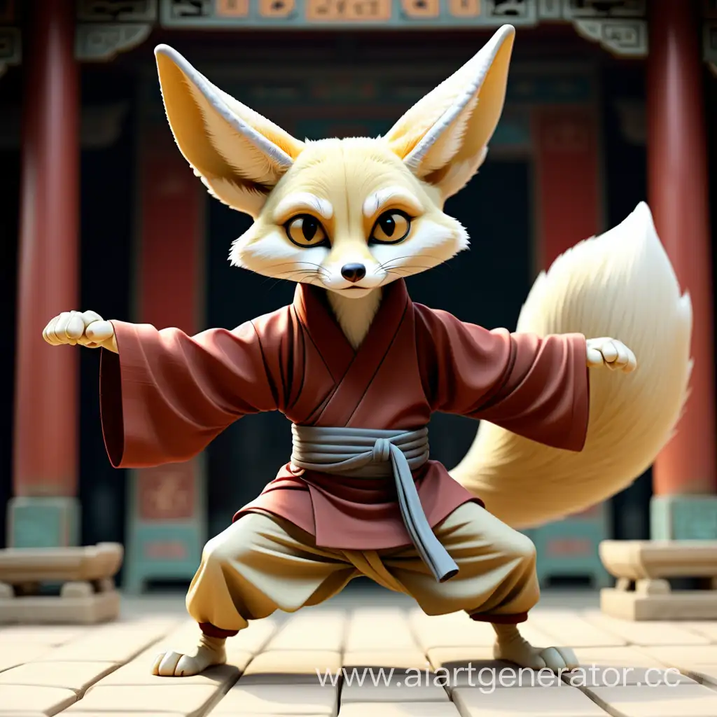 Anthropomorphic male fennec fox in full-length clothes of ancient Chinese monks practicing kung fu standing