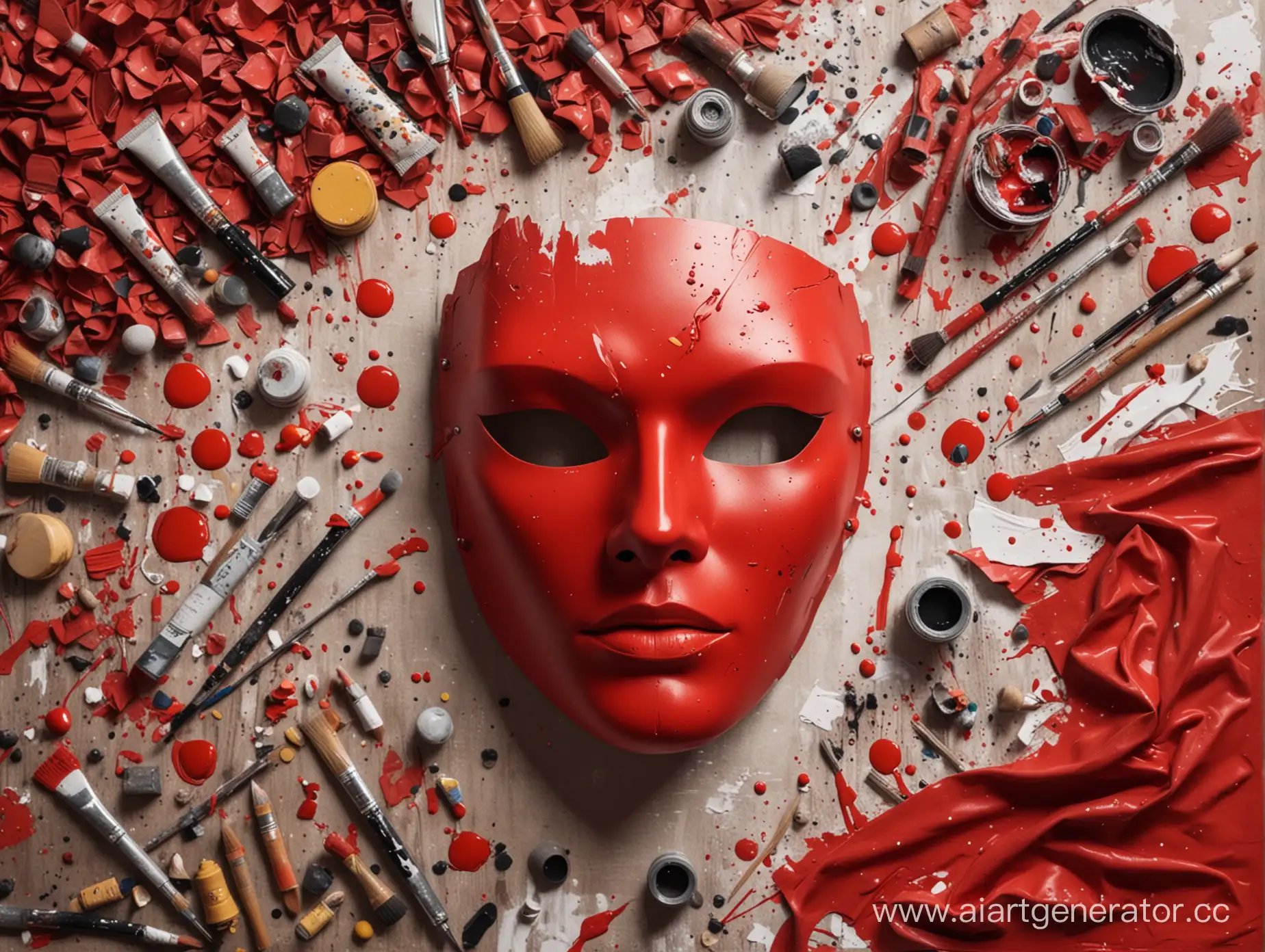 Realistic-Red-Mask-Amidst-Miscellaneous-Items-on-Cramped-Table