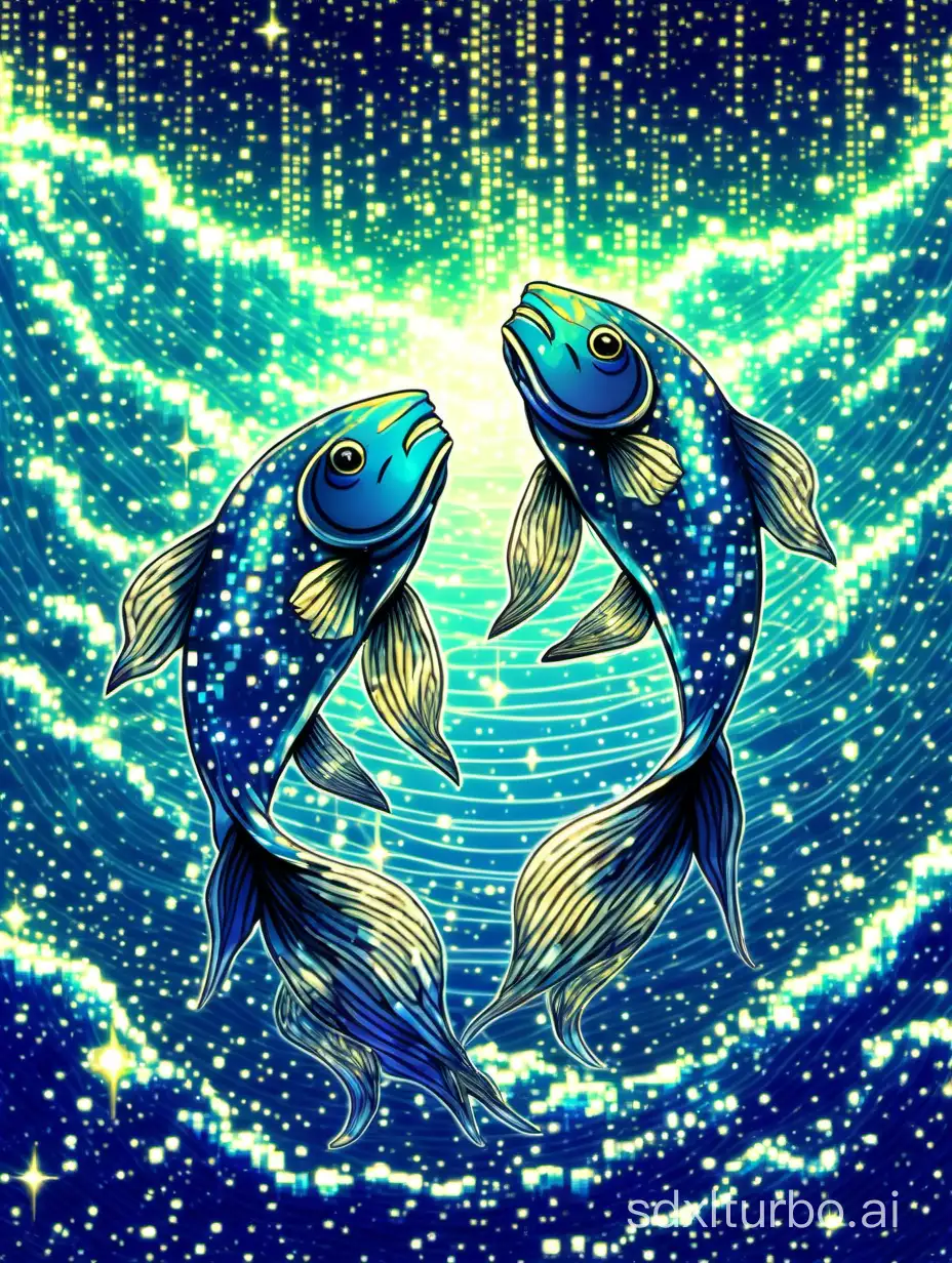 Craft Pisces in a digital artwork as two ethereal fish swimming through a digital ocean of shimmering data, their forms composed of glowing pixels against a backdrop of pixelated stars and digital waves.