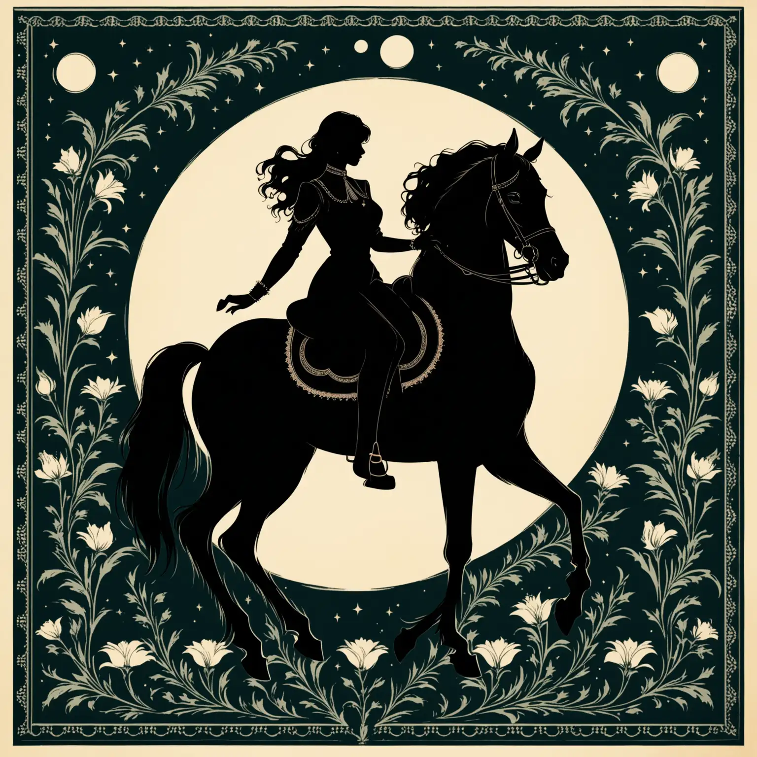 Vintage Illustration,  Art Deco Style, Silhouette of beautiful Arabic horse, Moon in Background, Dark Academia Aesthetic, Full Body portrait, Victorian-Inspired, Tapestry-Like, Dark Muted Colors, Flowercore