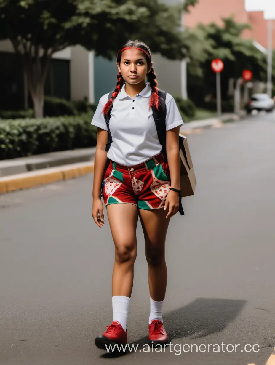 Young indigenous pizza delivery woman in shorts and with pigtails, full height