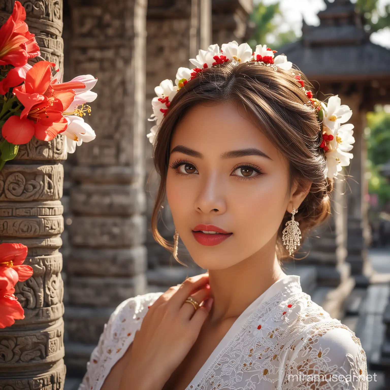 Beautiful Indonesian Girl Portrait in Balinese Kebaya with Temple Background
