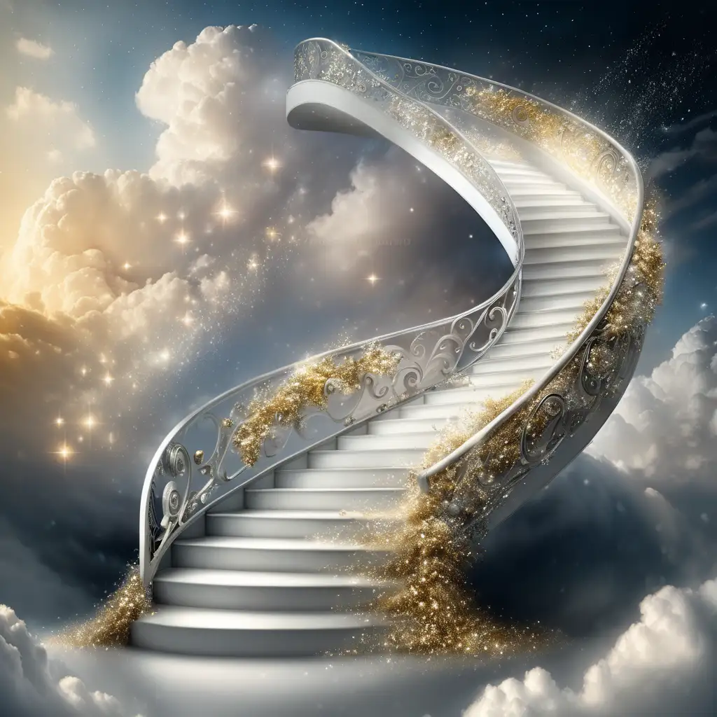 beautiful curve stairway to heaven with beautiful silver, white and golden  hues with dramatic clouds and little sparkles
