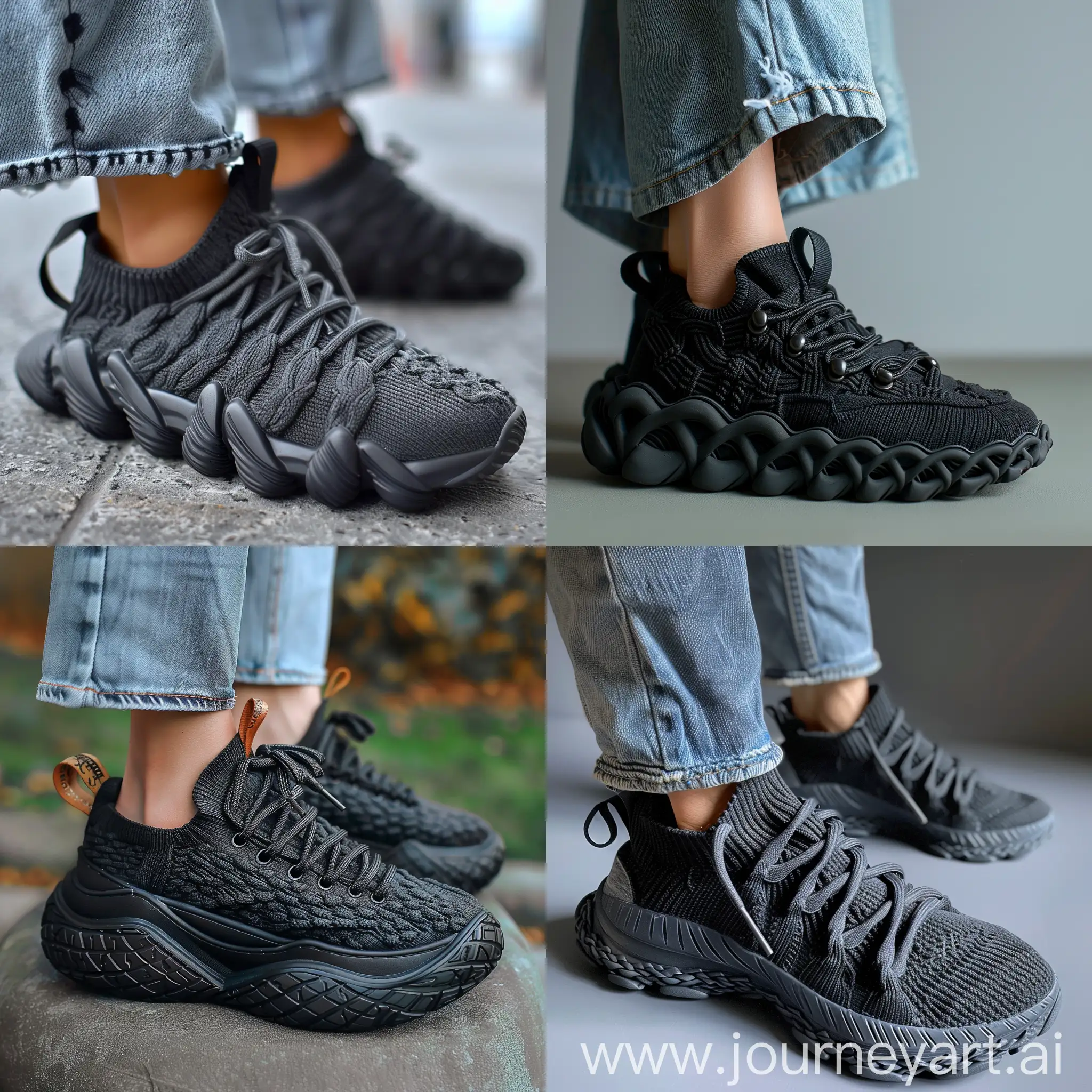 Sneakers design , inspiration by knitted fabrics , some knitted cables on it , rubber midsole , cable knitted on midsole , chunky , trendy , color black , knitted laces , circle of 5 laces around the top of sneakers , person wears wide leg jeans wearing the sneakers